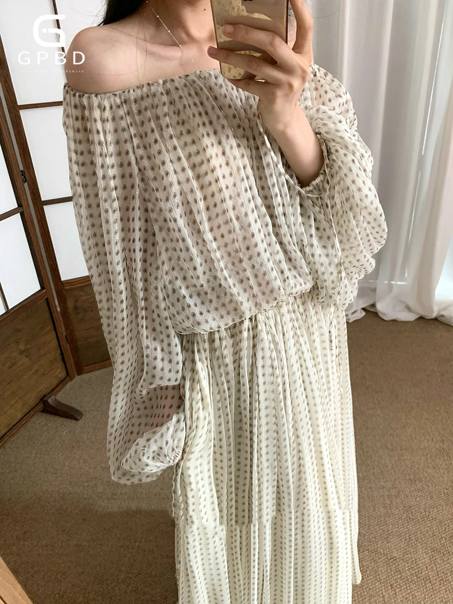 

Hit Color Spliced Wave Point Two Piece Sets for Women Slash Neck Long Sleeves Top High Waist Skirt Set Female New