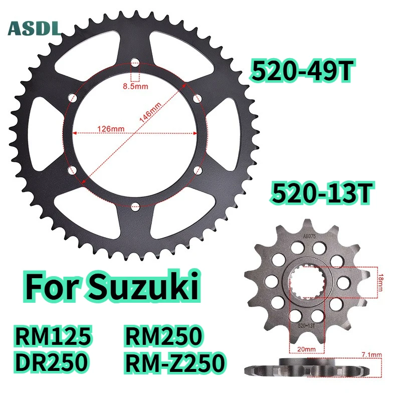 

520 Chain 49T 13T Motorcycle Front and Rear Sprocket Gear Wheel For Suzuki RM125 DR250 RM250 RM-Z250 RM 125 250 K1 K2 K3 K4 K5