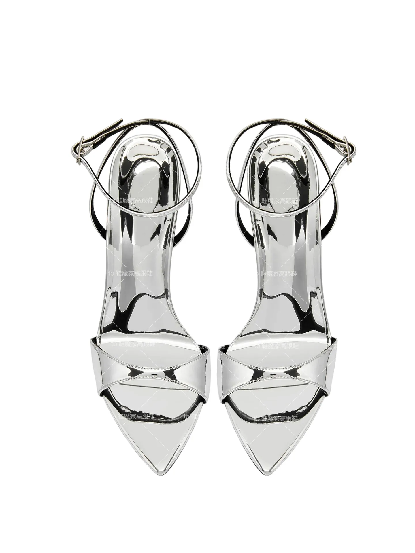 New European and American Sexy Silver High Heels Women's Pointed Toe Open Toe Buckle Flat Sandals Fashion Wide Sizes Sandals image 2