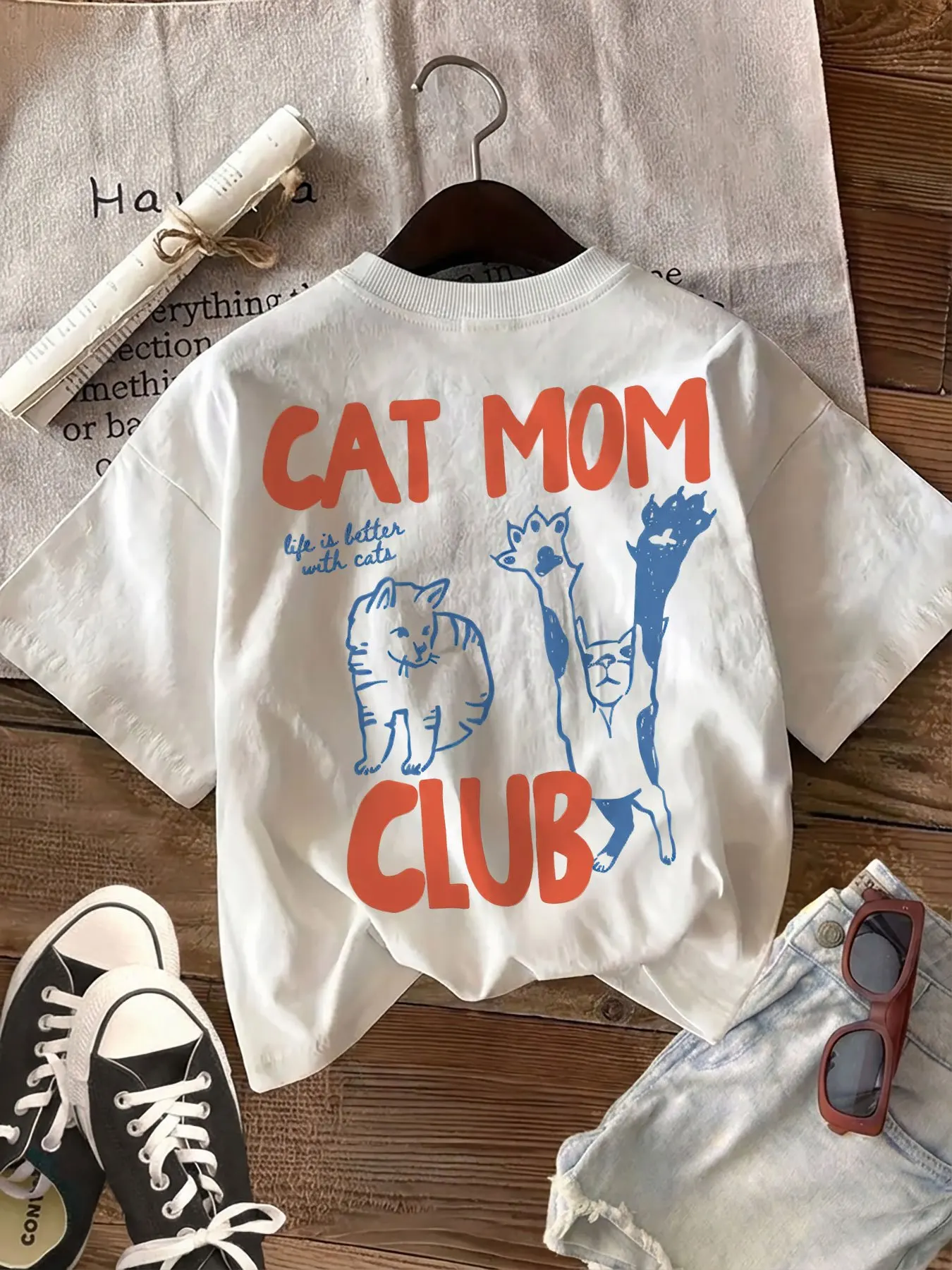 Lässiges Damen-Grafik-Top T-Shirt mit Kawaii-Katzen- und Pfoten-Print, Katzenmama-Club-Print, Rundhals-Kurzarm-T-Shirt, Damenbekleidung – Detail 3