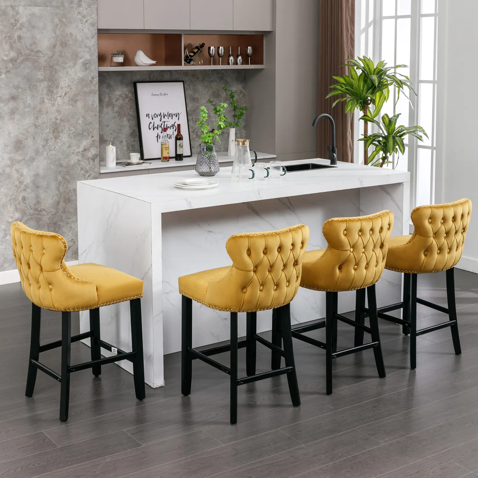 

@#2026 New Leisure Style Kitchen Bar Chairs Gold Color Velvet Button Tufted Decoration and Wooden Legs