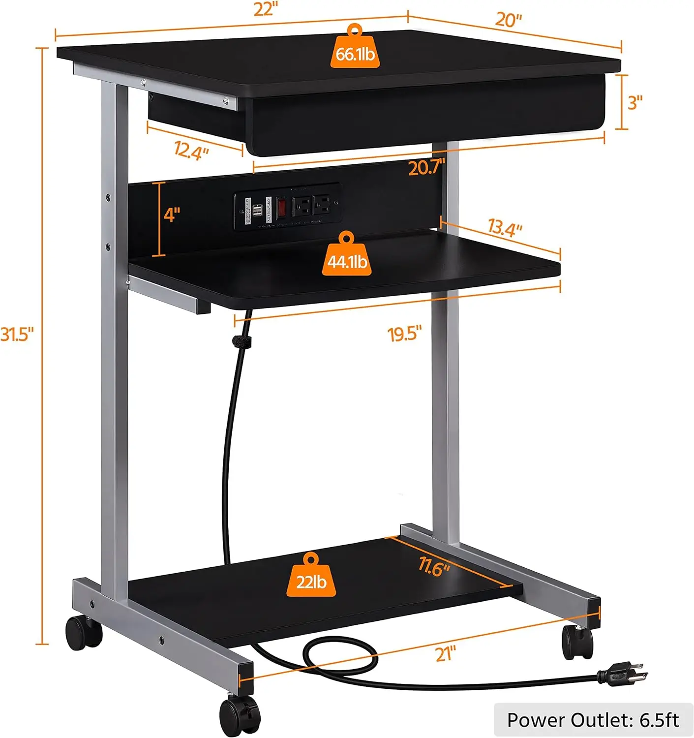 Small Home Office Desk, 22 "Laptop e Power Outlet, Equipado com uma Estação de Carregamento e Porta USB