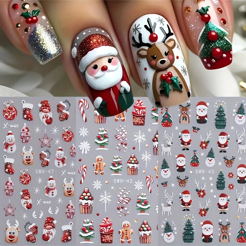 3pcs Xmas Nail Decals Stickers Sheet Cute Reindeer Santa Gnome Snowflake Design Self-Adhesive Nail Art Supplies for Women