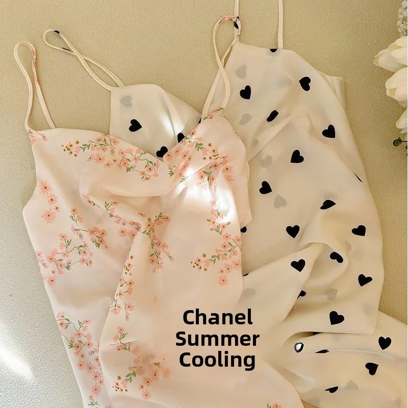 

Elegant Sexy Summer New Small Fragrance Style Heart Dot Dot Halter Neck Ice Silk Dress Long Sleeve Women's Nightgown Nightdress