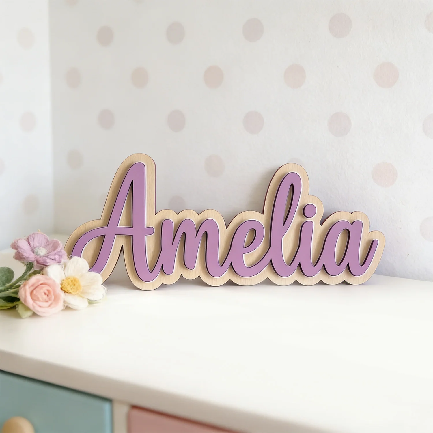 1pc Customized Double-layer Wooden Surname Brand, Customized Gift, Children's Room Decoration, Baby Name Identification view 5