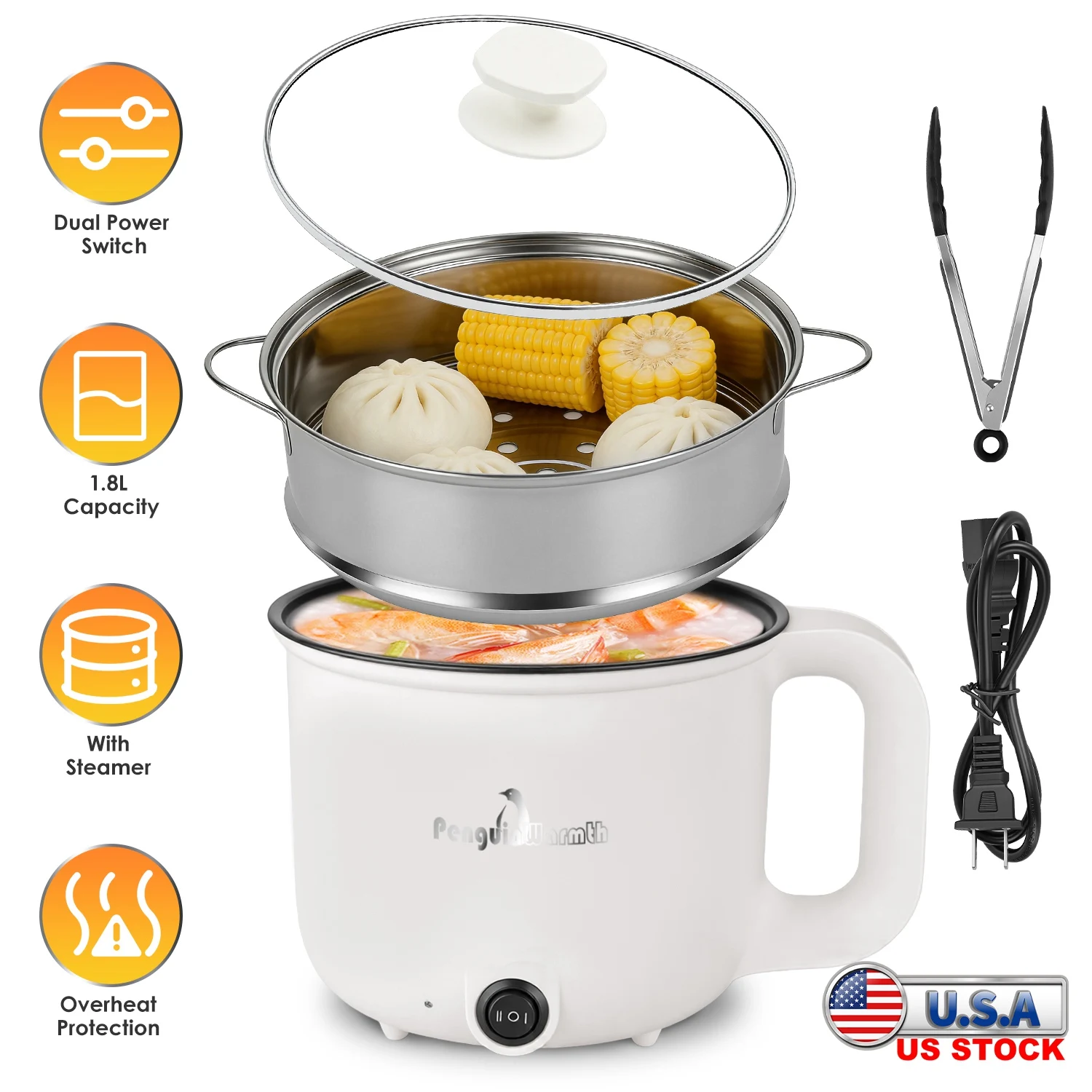 

1.8L Electric Hot Pot with Steamer Mini Portable Ramen Cooker Non-Stick Ceramic Multi-Cooker for Dorm Office USA Stock