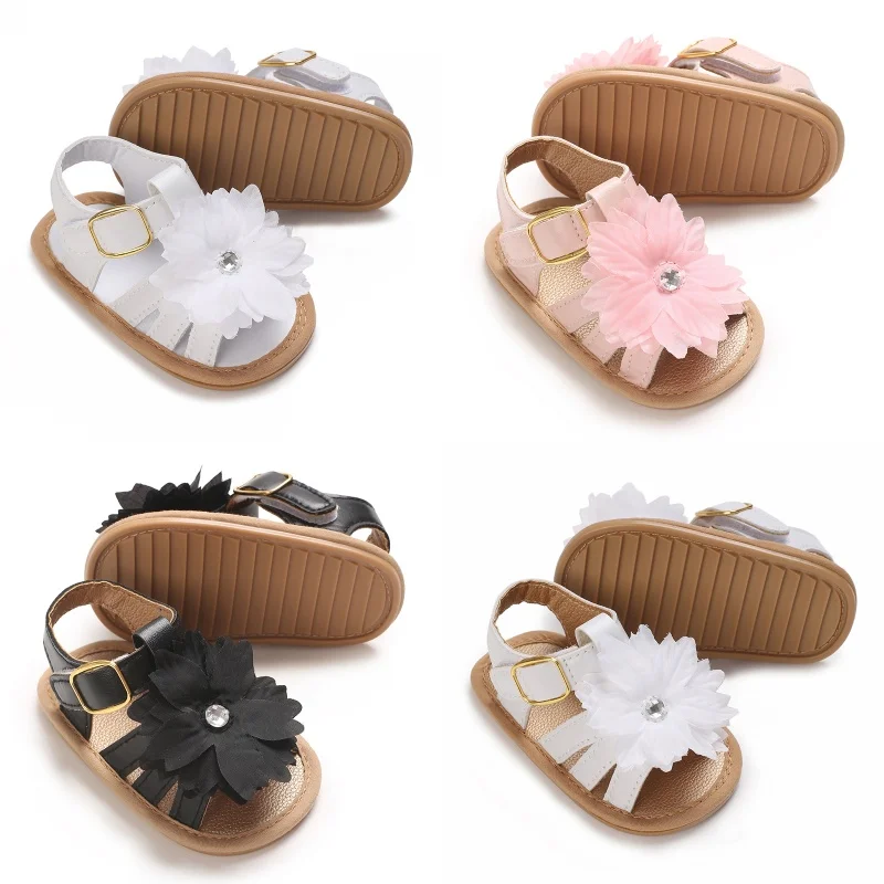 

Summer New Girls' Garden Sandals PU Flower Decoration Anti Slip Rubber Soft Sole Flat Shoes First Pair Of Walking Shoes 0-18M