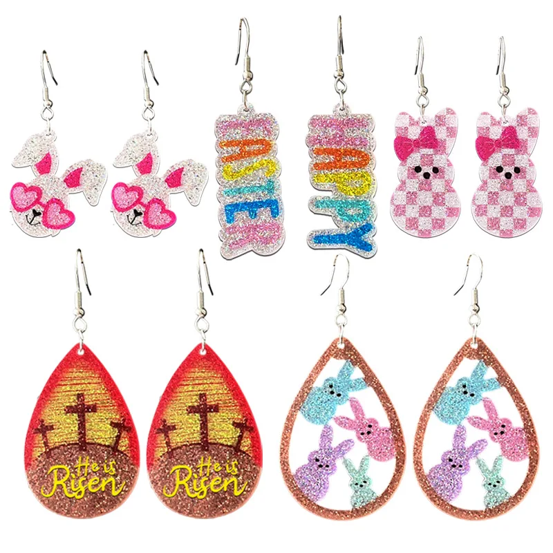 10 Pairs / Lot New Arrival Glitter Acrylic Rabbit Bunny Happy Easter Holiday Earrings Women Fashion Jewelry Wholesale