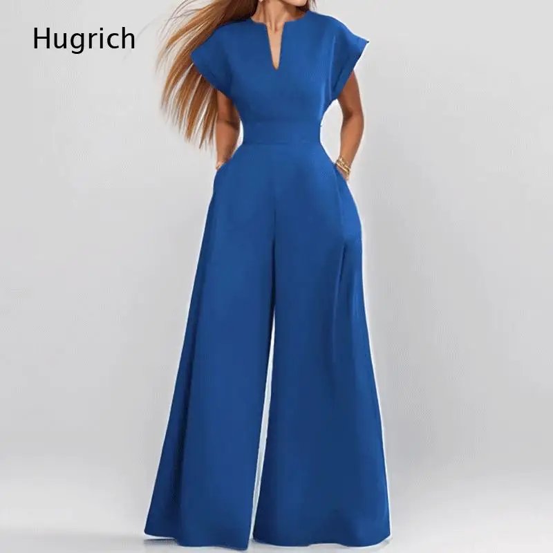 Women Bright Green Notched V Neck Capped Short Sleeve High Waist Wide Leg Jumpsuit with Side Pockets Elegant Formal Long
