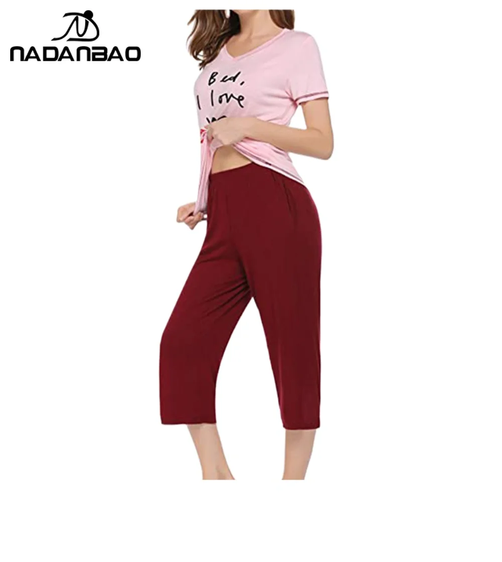 Nadanbao Set Piyama Dua Potong Musim Panas Kaus Kerah V Lengan Pendek Wanita Celana Kasual Pakaian Tidur Kasual Pakaian Pesta Piyama