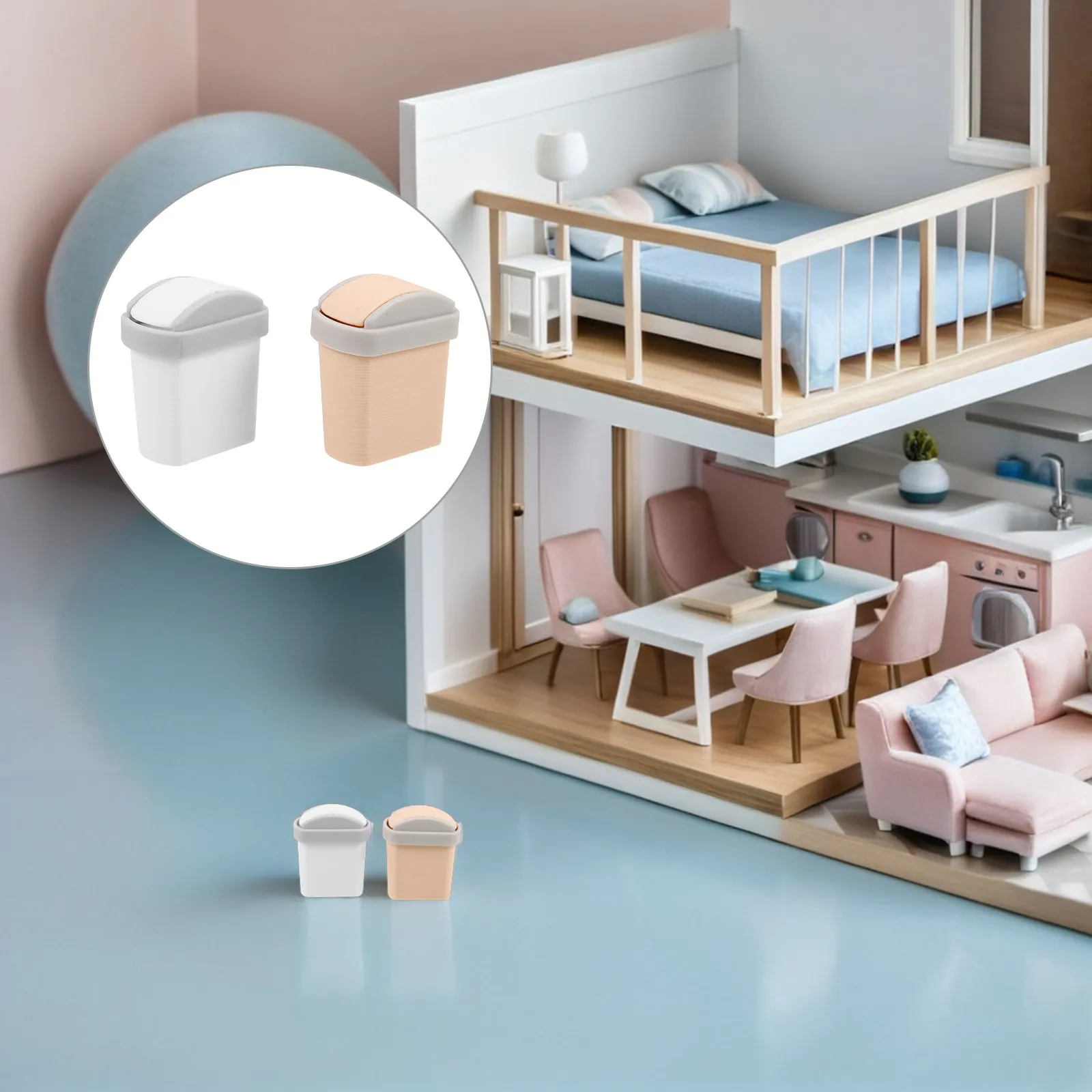 

2 шт. миниатюрных мусорных баков для кукольного домика, масштаб 1:12, реалистичная крышка с откидным механизмом, легкая пластиковая миниатюрная корзина для мусора для кукольного домика