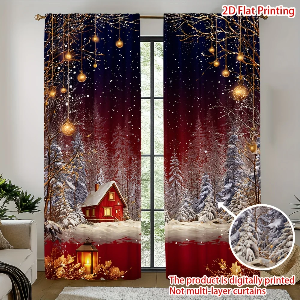 2pcs Snowy Cottage Blackout Curtains, Golden Lights Forest Design Semi-Transparent Polyester for Christmas Decor