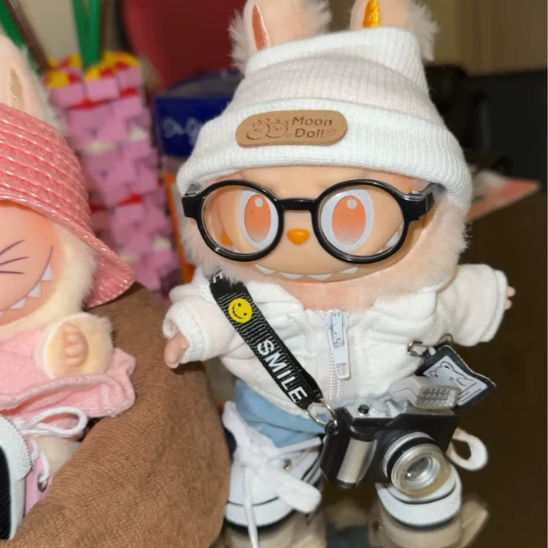 15cm/17cm Labubu Universal Hoodie Set Gray Trendy Outfit with Camera Glasses Headphones & Canvas Shoes Series 1-3 Compatible