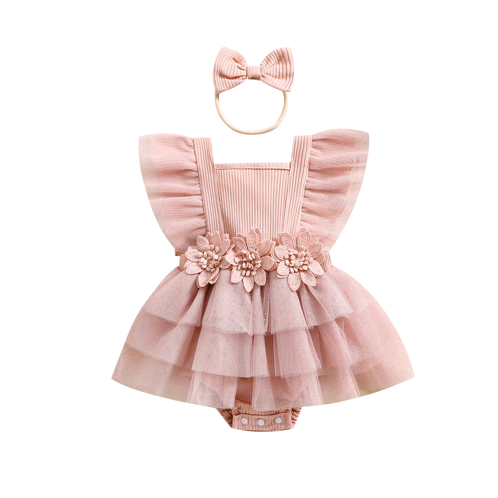 

Baby Girl 2Pcs Summer Outfits Ruffle Sleeveless Tie Knot Back Romper with Headband Set