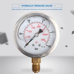 Hydraulic Water Pressure Gauge Hydraulic Pressure Gauge 0-250Bar 0- 3750PSI G1/4 63mm Dial Meter Pressure Measuring Tool