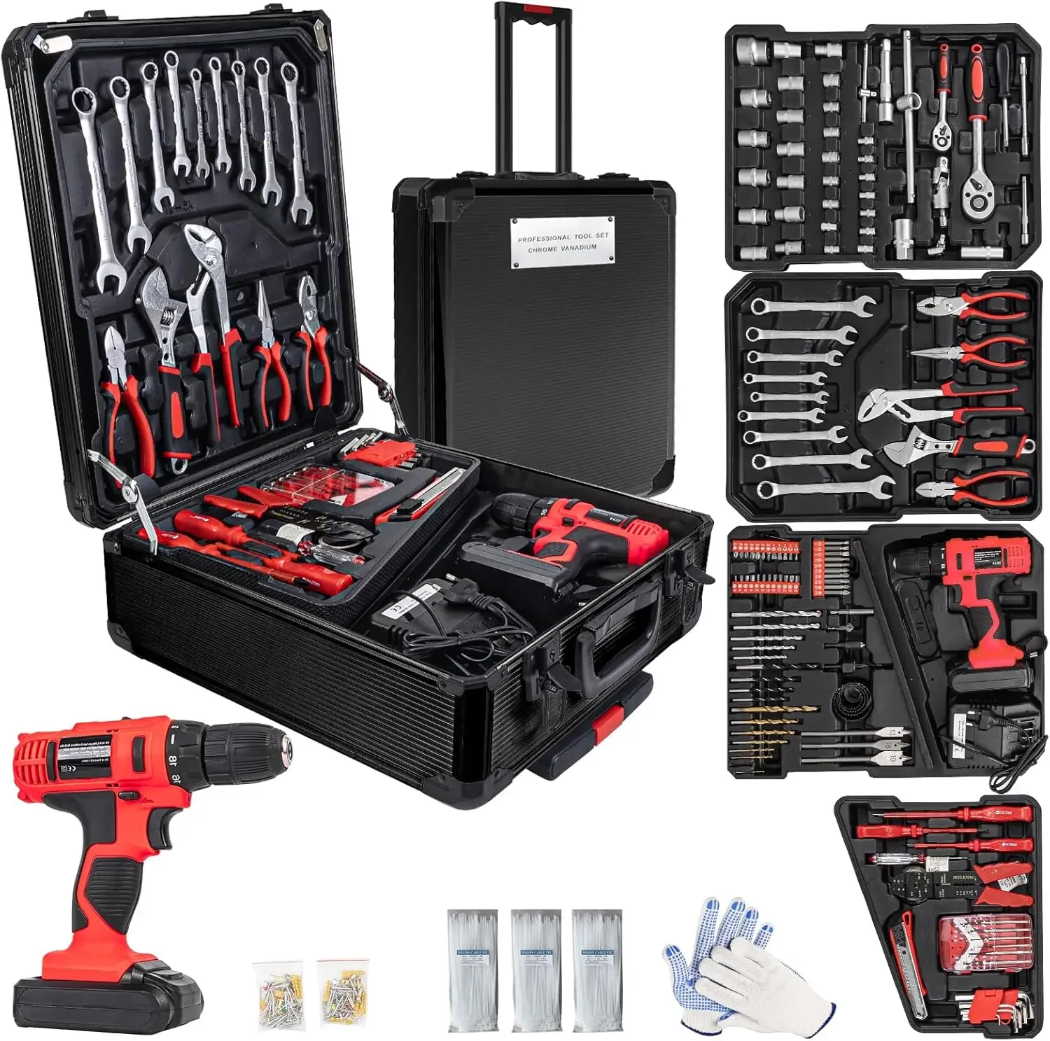 346pcs 18V Electric Power Drill Set, Cordless Drill for Men, Household Home DIY Hand Tool Kits,18+1 Clutch Cordless Power Drill