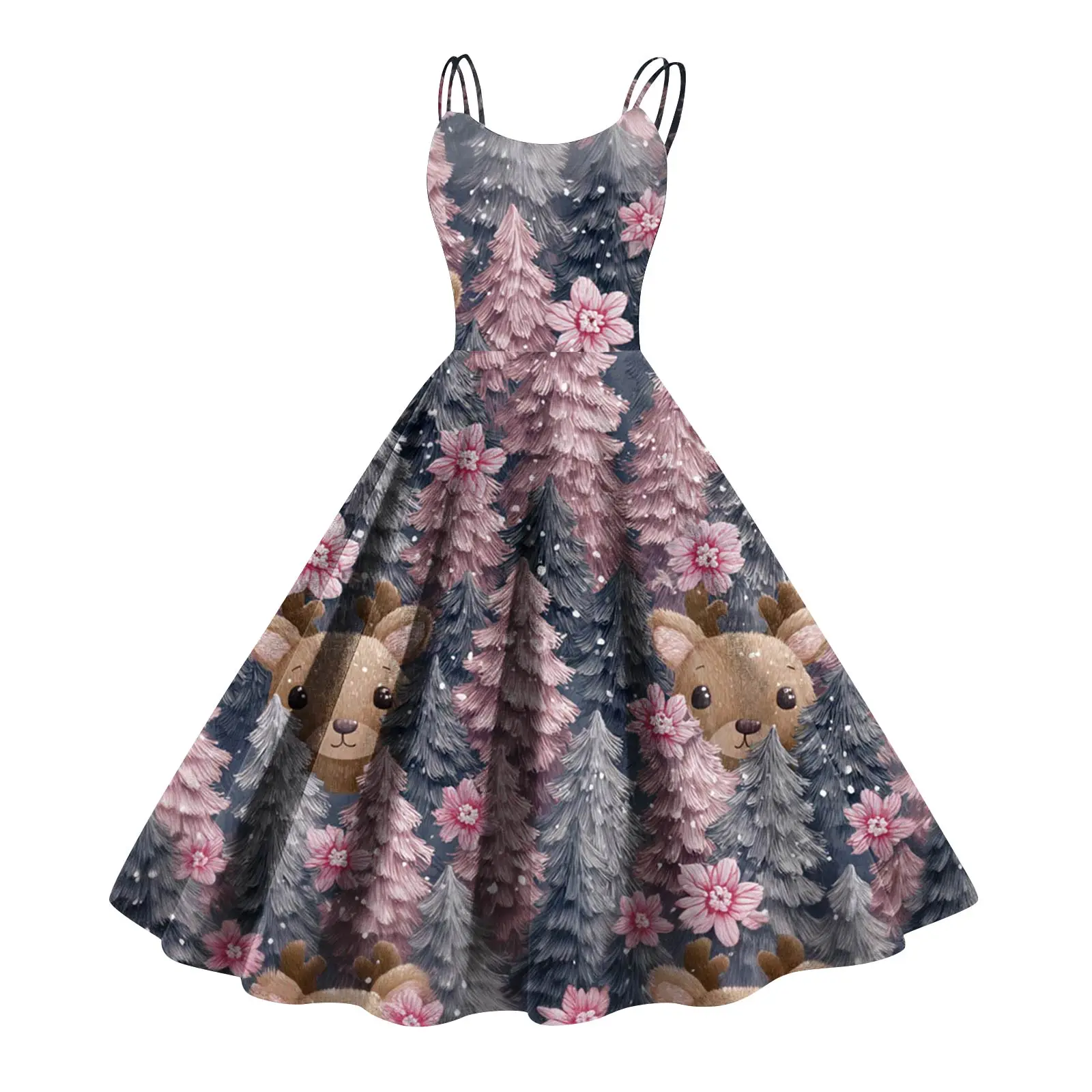 ชุดเดรสกระโปรงคริสต์มาสของผู้หญิงซานตาคลอสพิมพ์ลายกระโปรงสวิงขนาดใหญ่ดีไซน์หวานน่ารักสวมใส่วันหยุดฉากปาร์ตี้ฤดูใบไม้ร่วง