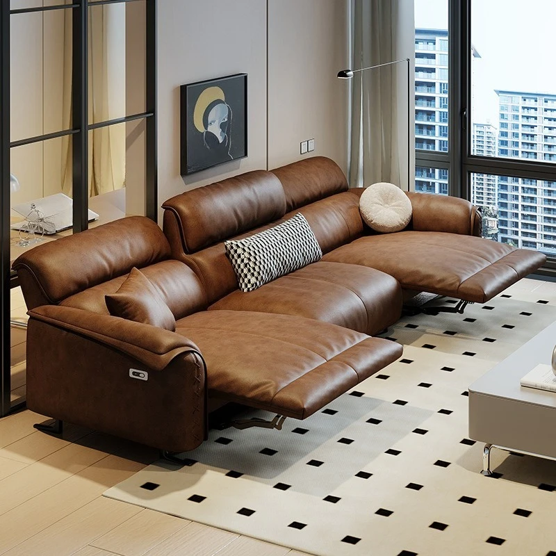 Simple leather electric sofa modern first layer cowhide first class retro brown functional sofa wood