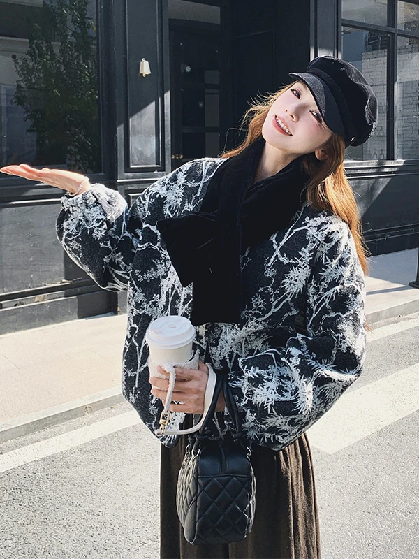 

Retro Print ort Puffer Jaet Women's Lantern Sve Winter Coat Warmth Chinese Sle Loose Fit Du down Outerwear