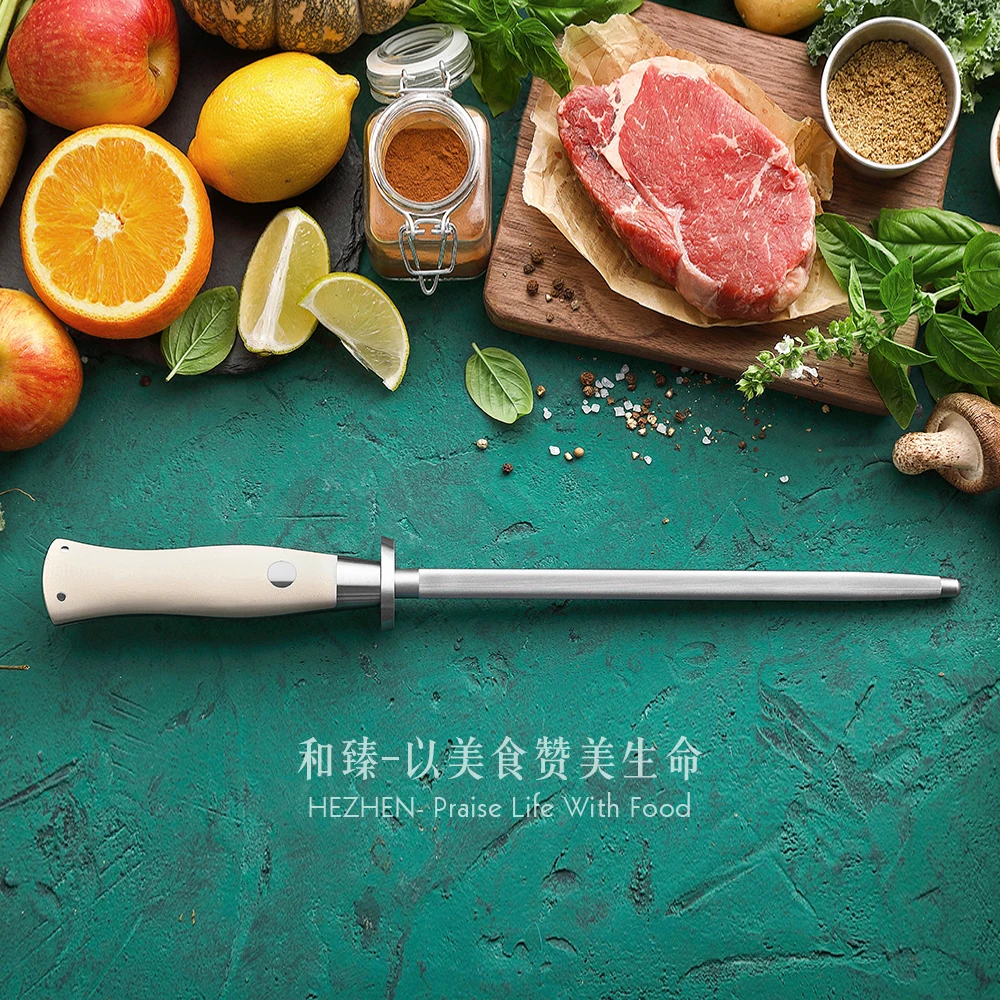 HEZHEN Elegant Series Kitchen Knife Sharpener Rod High Carbon Steel Srayed Emery G10 Handle Kitchen Tools Gift Box