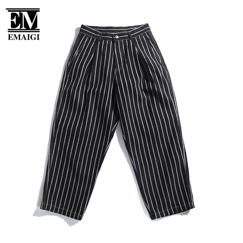 Men Japan Streetwear Chic Fashion Loose Casual Denim Stripe Ankle-length Wide Leg Harem Pant Male 100% Cotton Jeans Trousers