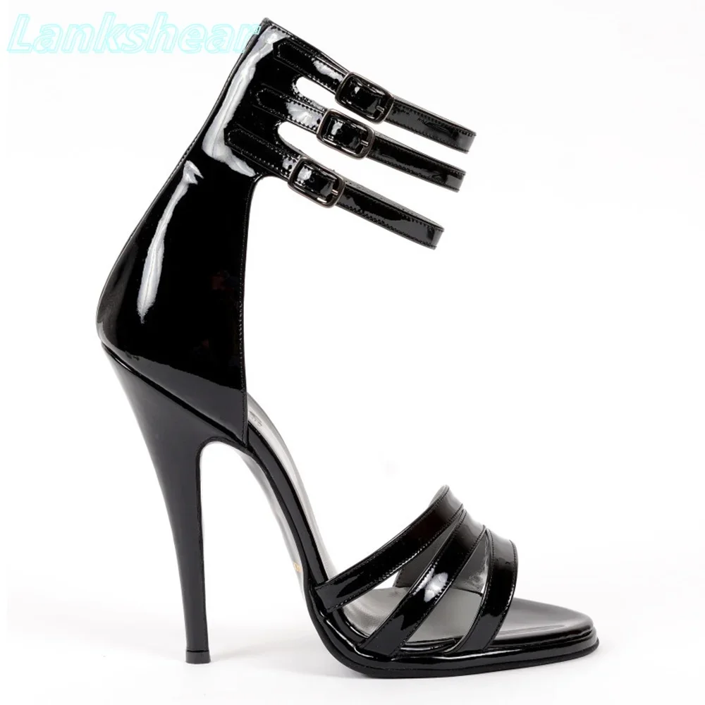 

Black Patent Leather Solid Women Sandals Round Open Toe Thin High Heel Three Ankle Strap Buckle Luxury 2025 New Arrival Fashion