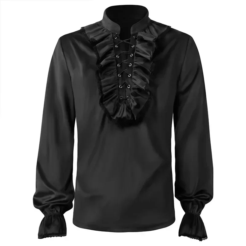 Halloween Cosplay Costume vittoriano medievale vintage Lace Trim Uomo Camicie con volant in velluto Camicetta Steampunk Vampiro Dress Up Party