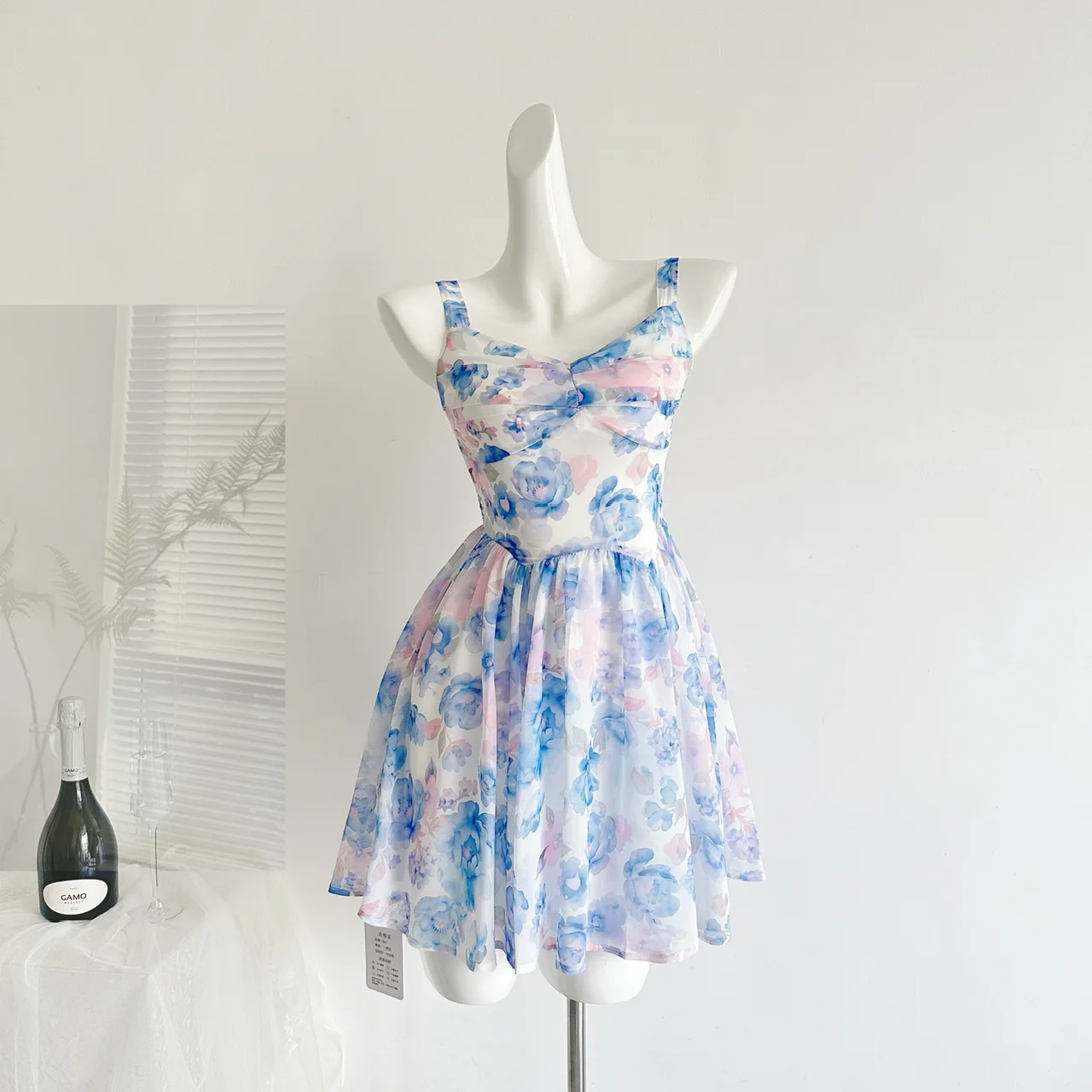 Vestido Halter Floral Azul Klein para Mujer, Verano, Corte Ajustado, Vestido Midi Informal para Vacaciones, Estilo Boho, Playa