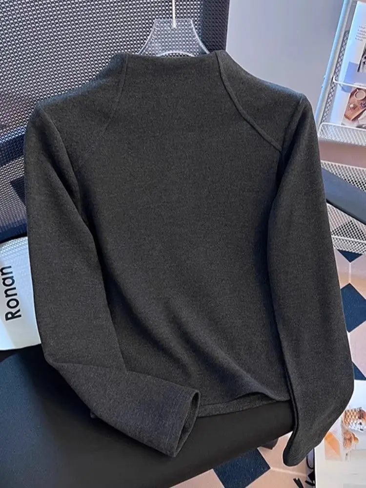 Women's Slim Fit Fleece Lined Half High Collar Base Shirt Autumn Winter Outdoor Zipper Cardigan Casual Style Long Sleeve T-Shirt