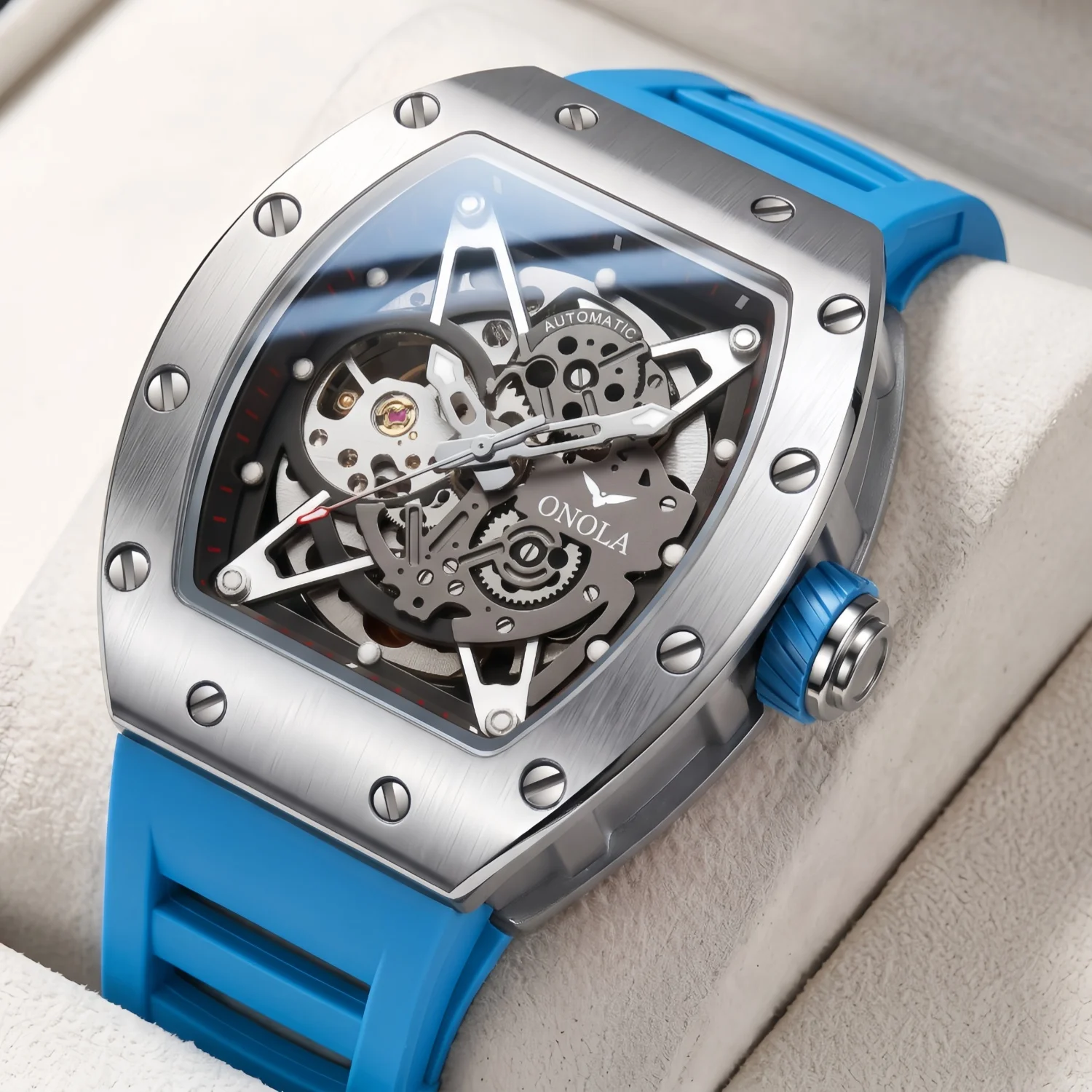 ONOLA Men's Mechanical Watch Alloy Case Silicone Strap Waterproof Night Light Hollow Design Racing Watch, Suitable for Daily view 5