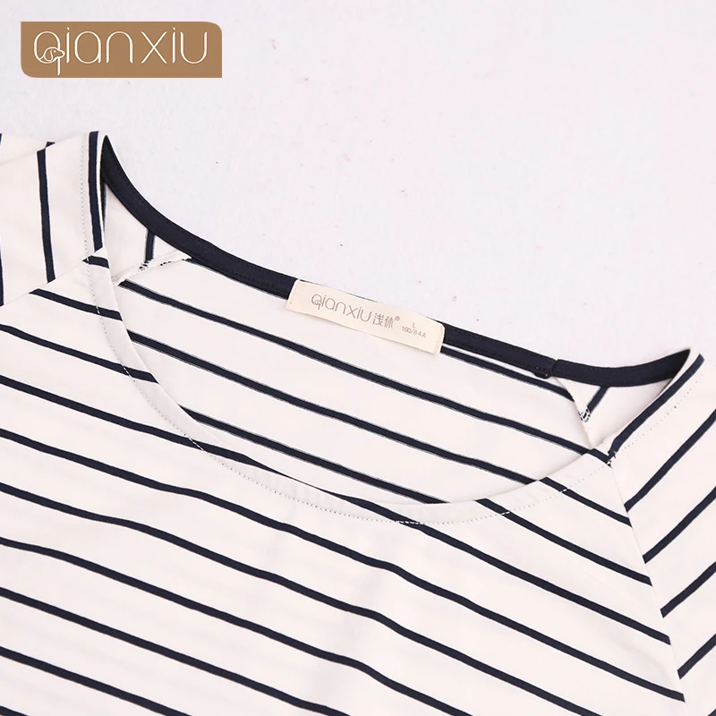 Spring Summer Sleep Tops   Tottoms Cotton Black White Striped Round Collar Short Sleeved Trouser Sleepwear Suit Casual HomeWear