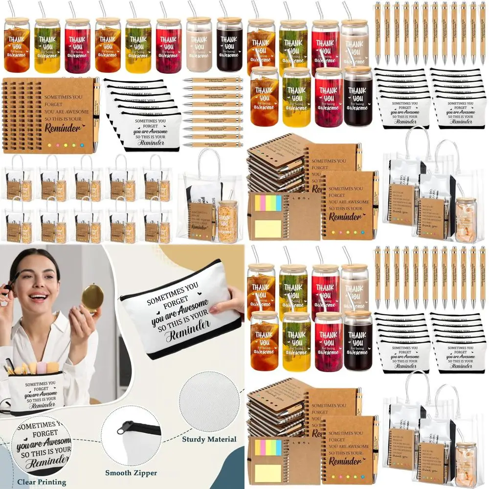 

Bulk 60-Piece Employee Appreciation Gifts: Glass Cups, Makeup Bags, Bamboo Pens, and Inspirational Notebooks for Valentine's Day