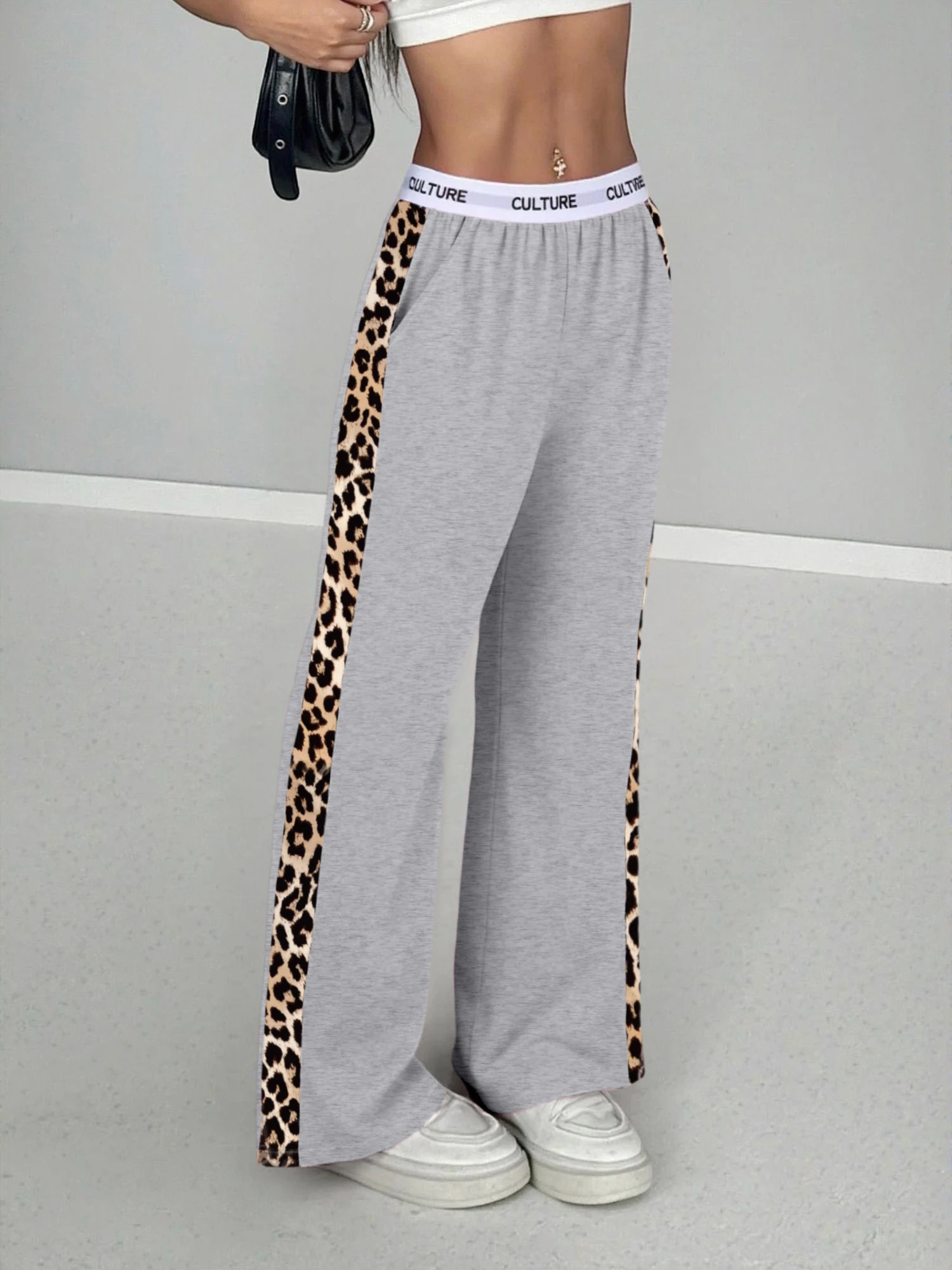 2026 Neu Heißer Verkauf Damen Leopardenmuster Seitenstreifen Weite Hose Lässige High-Waist Hose mit Schriftzug-Bund Lockerer Streetwear-Stil – Detail 4