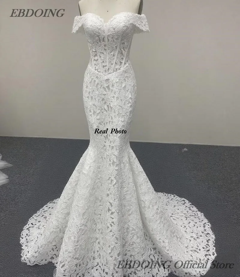 EBDOING Wedding Dress Mermaid Lace Sweetheart Neckline Basque Chapel Train Customized Bride Gown