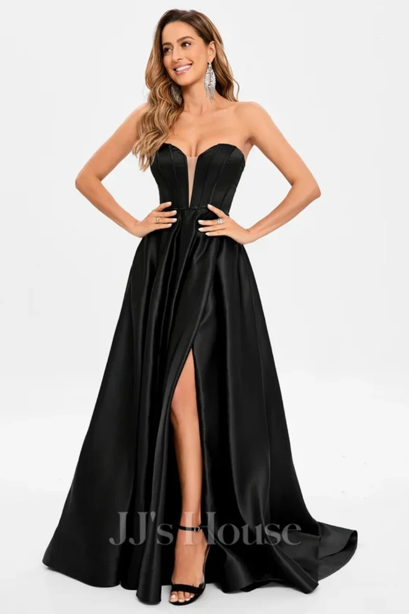 Jessica Satin Puff Sleeves Prom Dresses Sexy Strapless Princess Wedding Dress A-line Side Slits Robes De Soirée Customized 2025