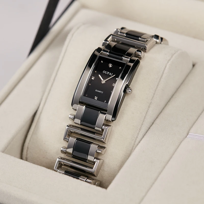 Прямоугольные часы Oupai, женский браслет, черные кварцевые модные и простые наручные часы, изысканное платье, водонепроницаемые
