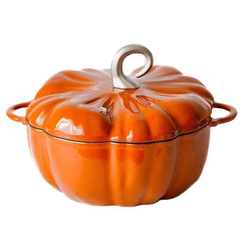 Pumpkin Enameled Cast Iron 25cm Cookware Set, Mini Dutch Roasting Pan, Round Bottom Pot Set, Enameled Stew Pot, Soup Pot