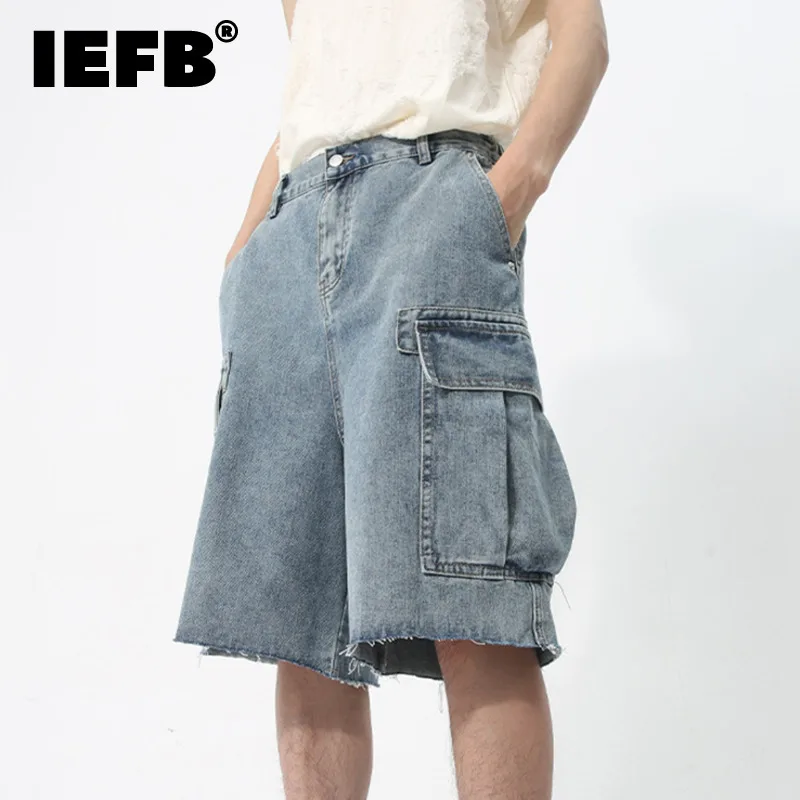 

IEFB Men's Denim Shorts Knee Length Casual Zipper Loose Male Jeans New Korean Style Big Pocket Design Washed Overalls 9C5738