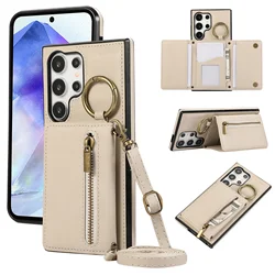 Crossbody Zipper Cards Holder Wallet Leather Case For Samsung Galaxy S24 Ultra FE S25 S23 FE S22 Plus A55 A15 A16 A35 Ring Cover