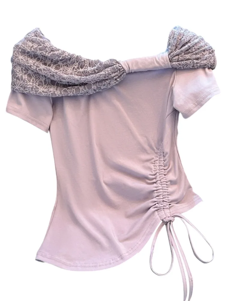 เสื้อครอปผู้หญิง แขนระบาย แต่งผ้าลูกไม้ ตัดต่อ ทรงเข้ารูป สายเดี่ยว ดีไซน์ไม่สมมาตร ผ้าคอตตอนผสมโพลีเอสเตอร์ สำหรับฤดูร้อน