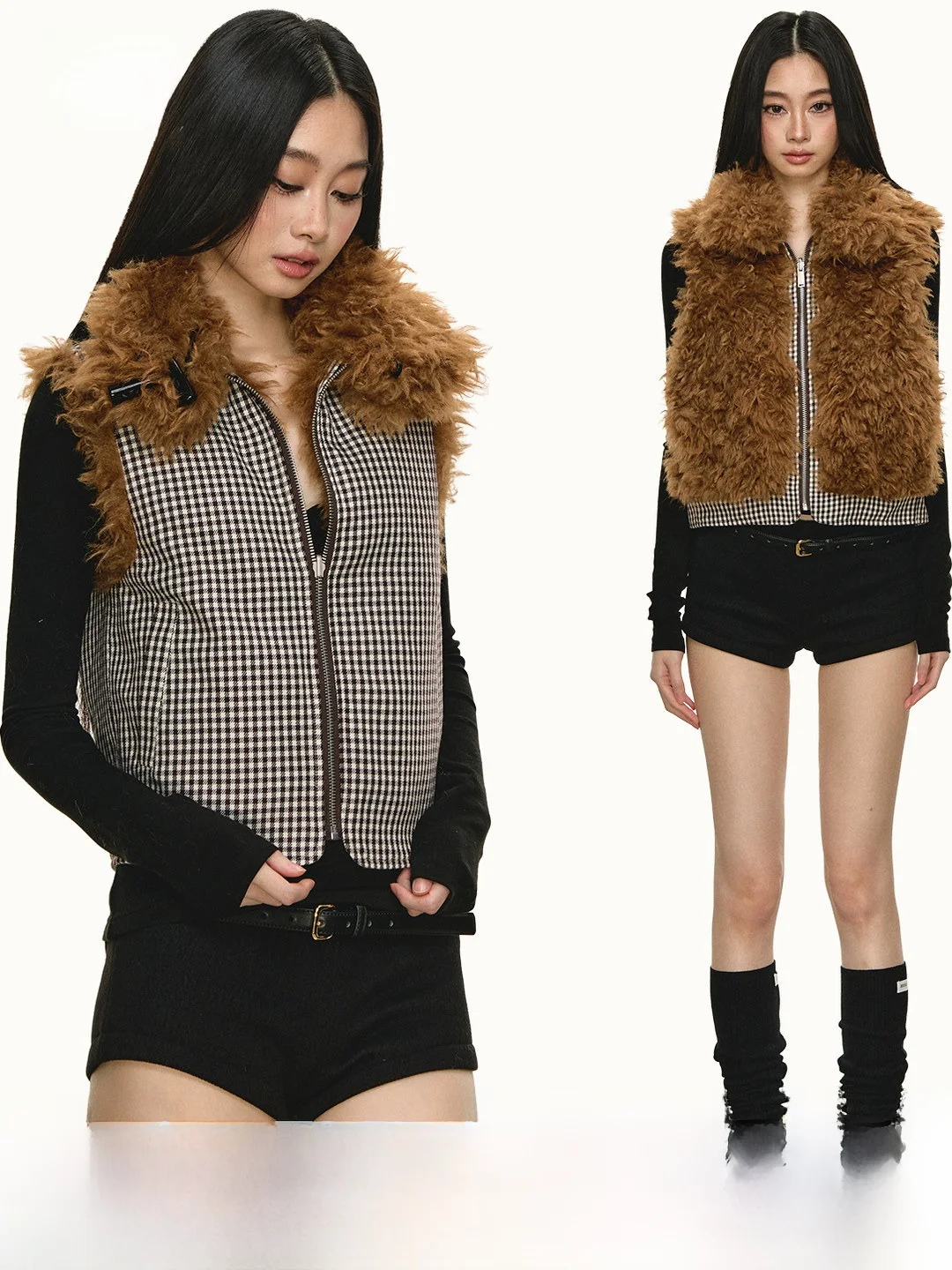 

Жилет из двусторонней овечьей шерсти Anna Aneae, женский, весенне-осенний, в клетку, теплый, с отложным воротником, верхняя одежда