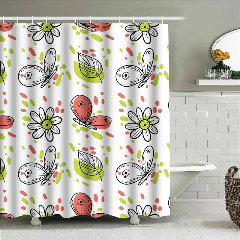 

Hand-painted Shower Curtain with Whimsical Butterflies Fish Pink Green Red White Watercolor Print for Bathroom Decor