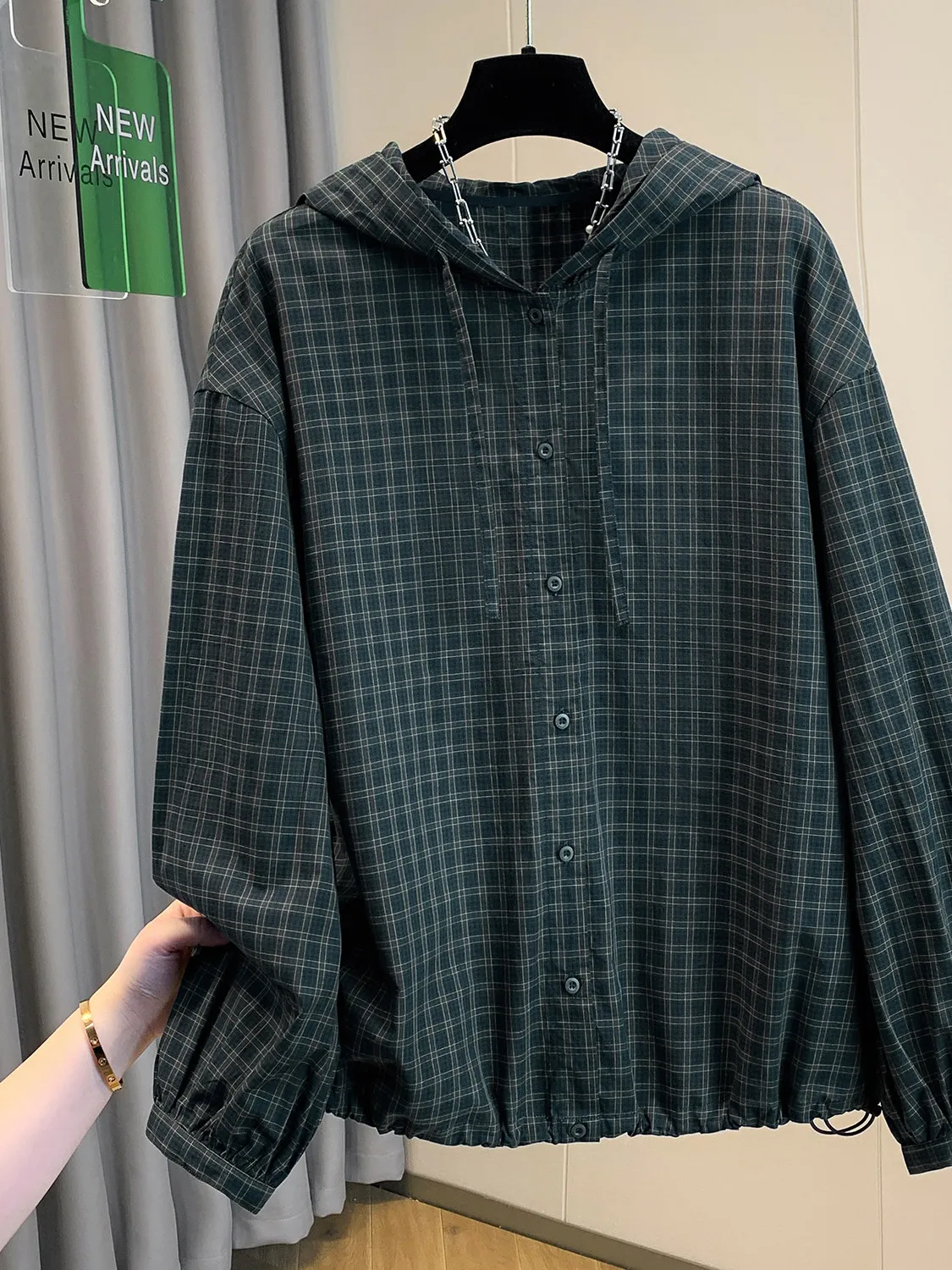 

Retro Casual Loose Plaid Hooded irt Commute Long Sve Open Cardigan High Waist Straight Cut Autumn Season Women's Top