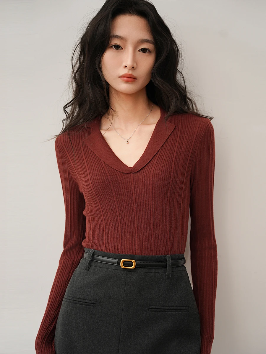 

Женская трикотажная кофта Slim Fit с V-образным вырезом и отложным воротником, красная, из мягкой ткани, с длинным рукавом, стандартной длины, для повседневной носки