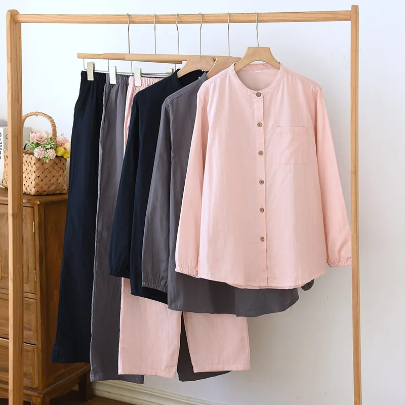 Chic Minimalist Stand Collar Pure Cotton Gauze Couple Set. All-Season Long-Sleeve Loungewear. Breathable for Home Casual Outings