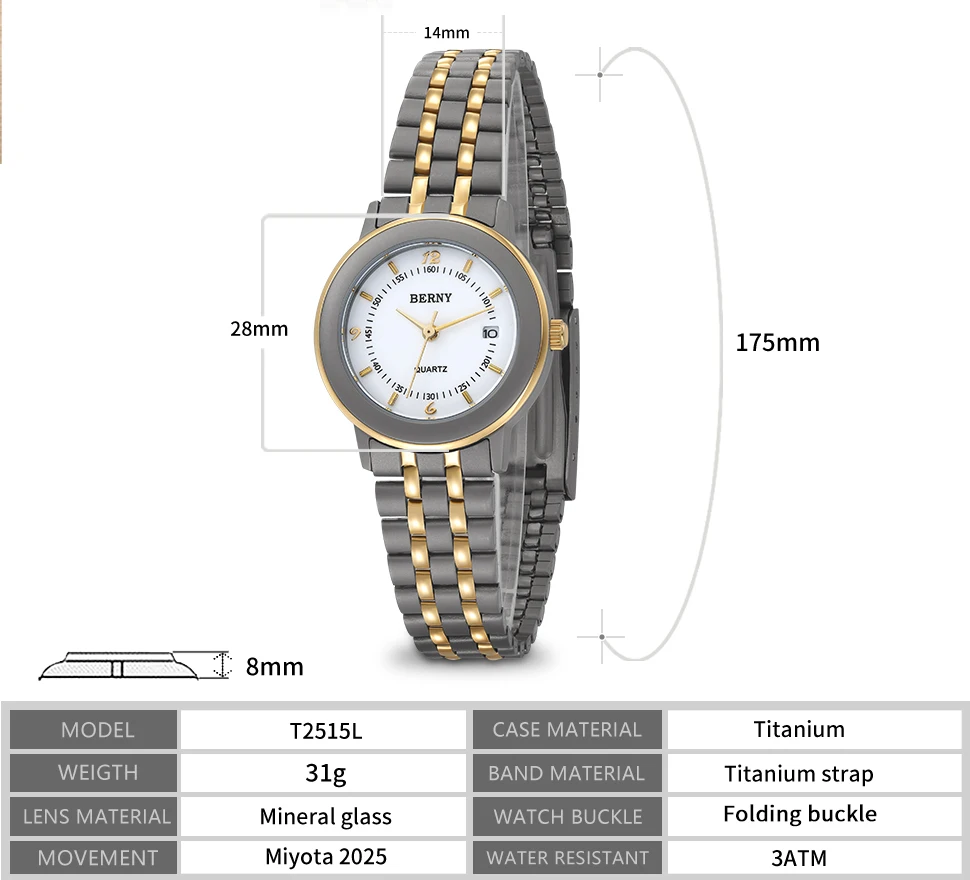 BERNY Titanium Watch Casual Sport Easy Read Calendar Women Quartz Wristwatch Supper Light weight Fashion Waterproof Ladies Watch