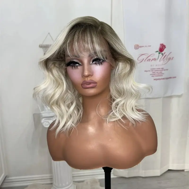 أومبير الأبيض البلاتين شقراء تسليط الضوء على الدانتيل الباروكة الأمامية موجة قصيرة بوب مع الانفجارات المصنع الأصلي شعر مستعار رخيصة 180% عالية الكثافة #3