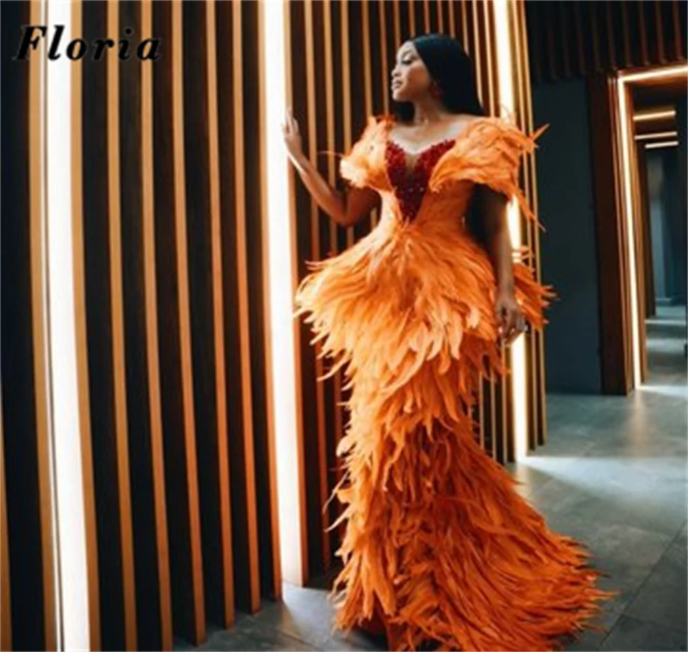 Luxury Full Long Feathers Evening Dresses Customized Beaded Mermaid Prom Dress Birthday Engagement Party Gowns Vestidos De Cócte view 2