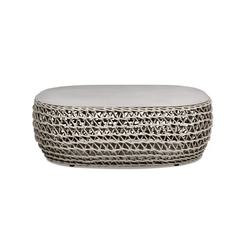 

40.5" Oval Woven Patio Coffee Table, Light Beige Olefin Outdoor Furniture