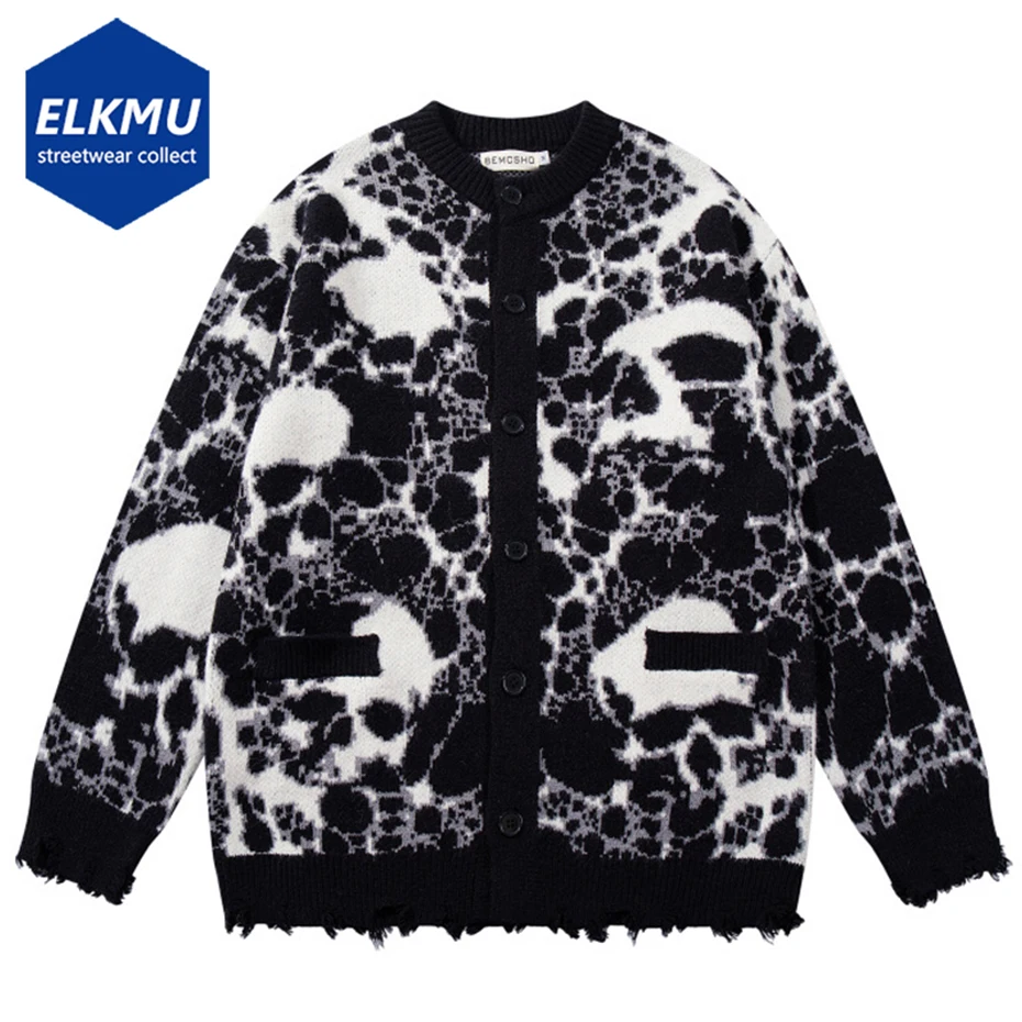 

Gothic Punk Skulls Graphic Sweaters Men Streetwear Harajuku Hip Hop Oversized Sweaters Knit Cardigan Loose Y2K Sweaters Knitwear